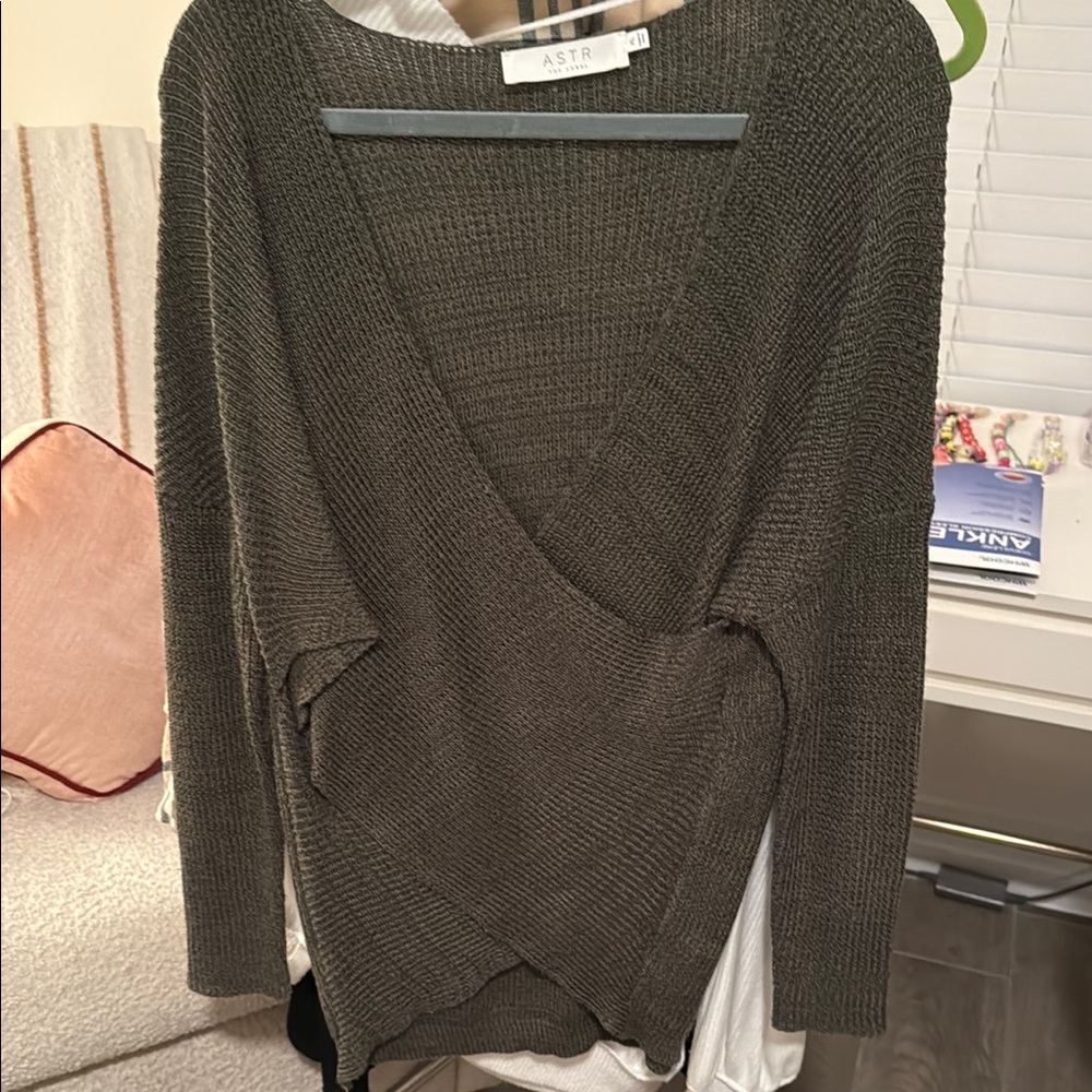 ASTR Deep V-Neck Sweater in Dark Olive
